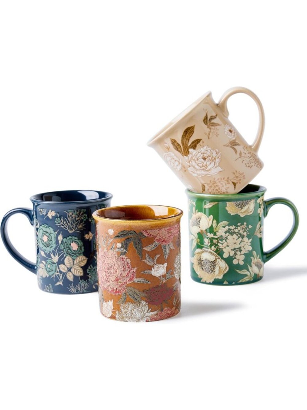 Set of 4 Floral Ceramic Coffee Mugs - 12oz Gift Boxed for Home & Kitchen Decor